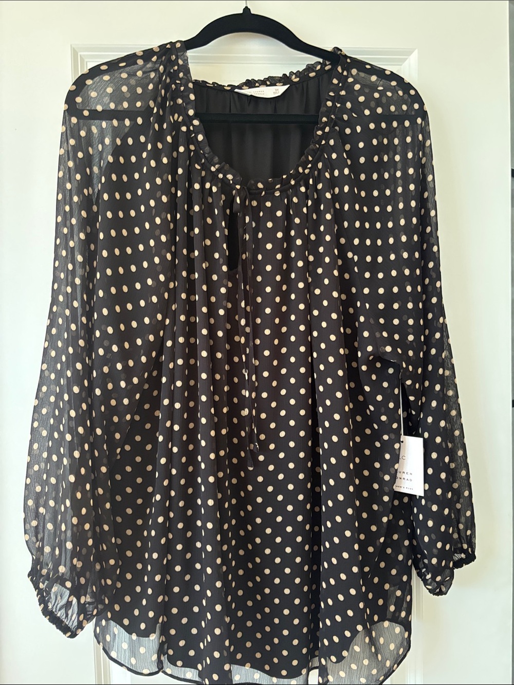 LC Lauren Conrad Black Sheer Blouse with Cream Polka Dots